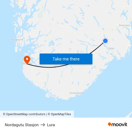 Nordagutu Stasjon to Lura map