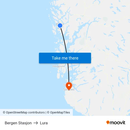 Bergen Stasjon to Lura map