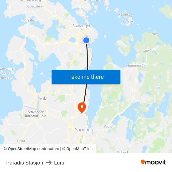 Paradis Stasjon to Lura map