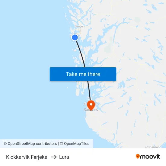 Klokkarvik Ferjekai to Lura map