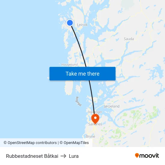 Rubbestadneset Båtkai to Lura map
