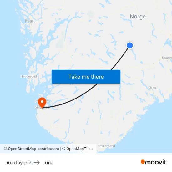 Austbygde to Lura map