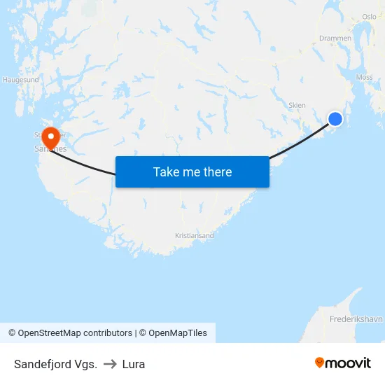 Sandefjord Vgs. to Lura map