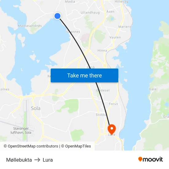 Møllebukta to Lura map