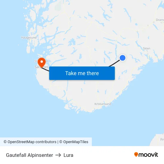 Gautefall Alpinsenter to Lura map