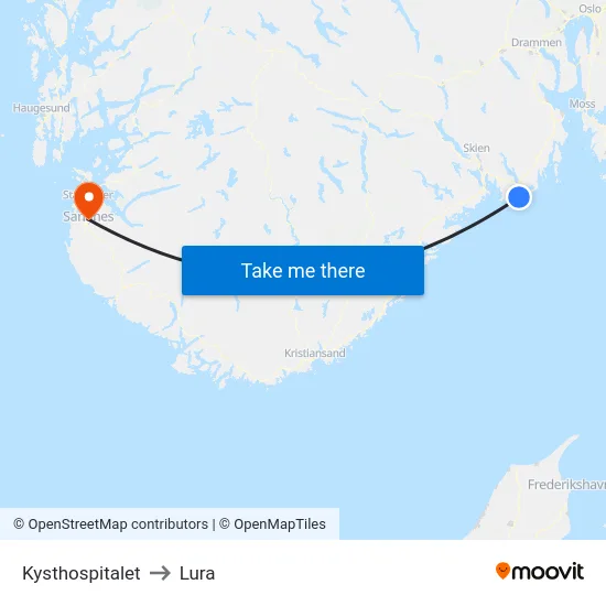 Kysthospitalet to Lura map