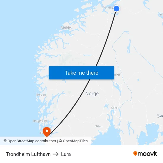 Trondheim Lufthavn to Lura map