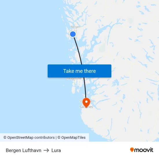 Bergen Lufthavn to Lura map