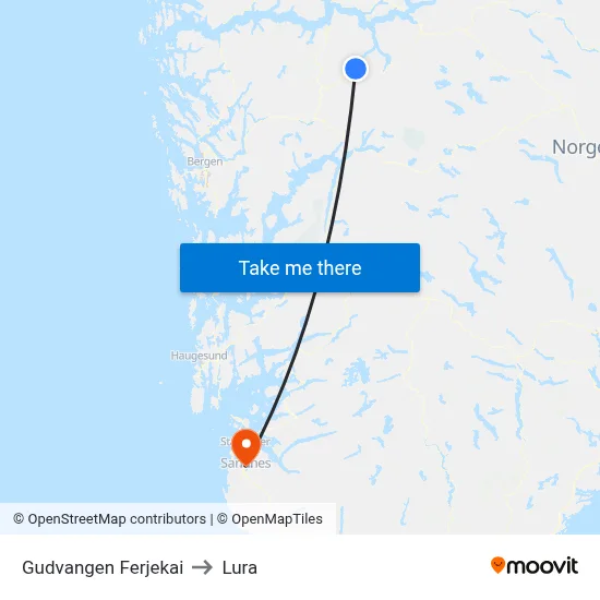 Gudvangen Ferjekai to Lura map