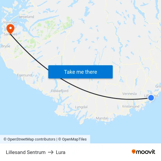 Lillesand Sentrum to Lura map