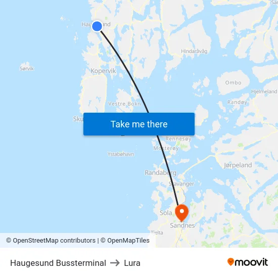 Haugesund Bussterminal to Lura map