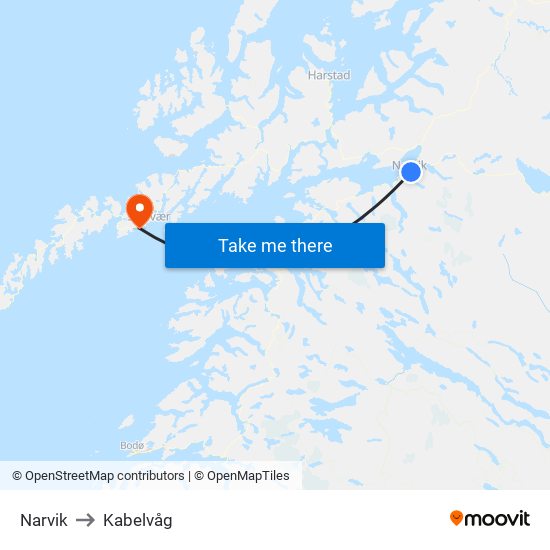 Narvik to Kabelvåg map