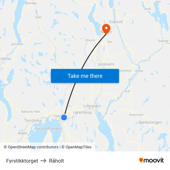 Fyrstikktorget to Råholt map