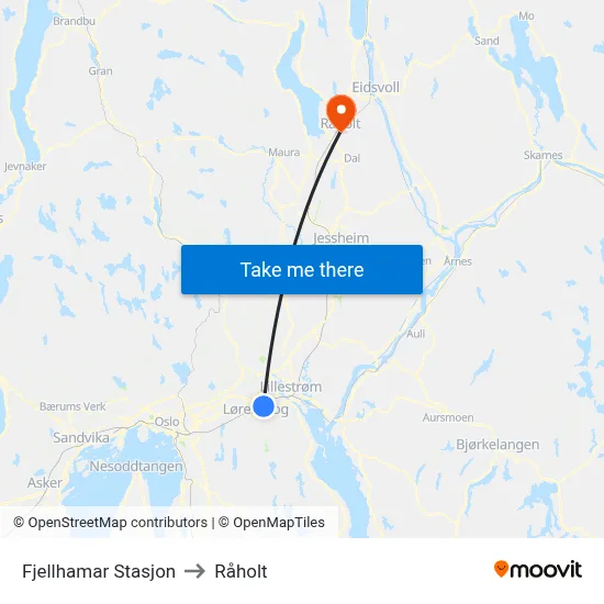 Fjellhamar Stasjon to Råholt map