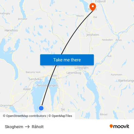 Skogheim to Råholt map