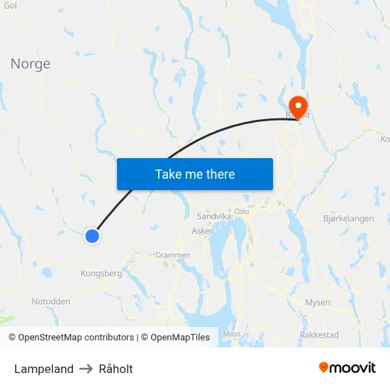Lampeland to Råholt map