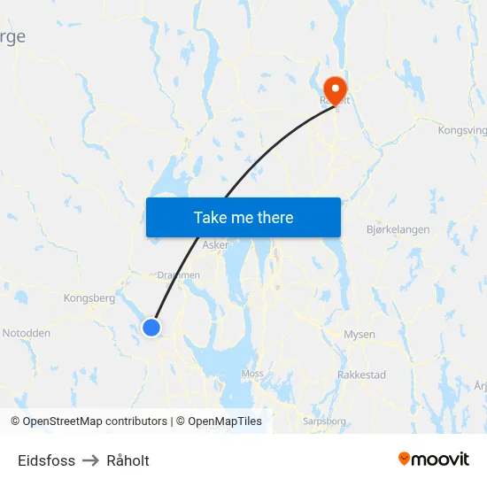 Eidsfoss to Råholt map