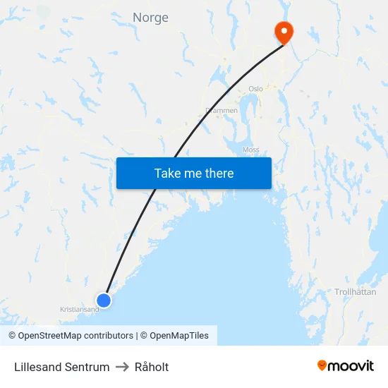 Lillesand Sentrum to Råholt map