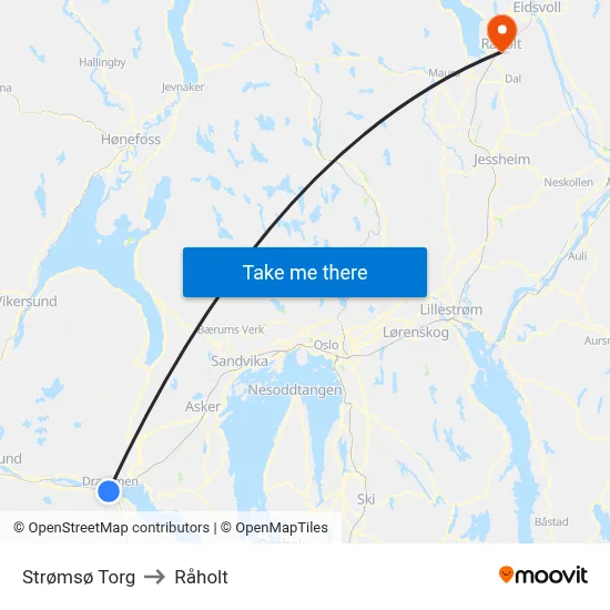 Strømsø Torg to Råholt map