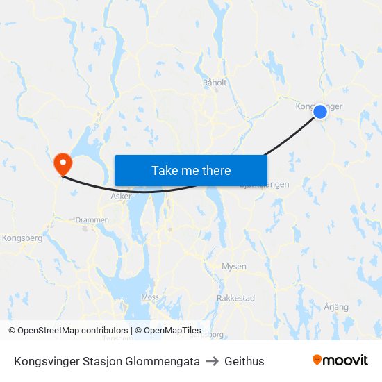 Kongsvinger Stasjon Glommengata to Geithus map