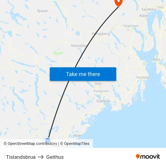 Tislandsbrua to Geithus map