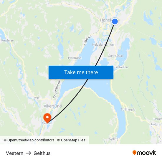 Vestern to Geithus map