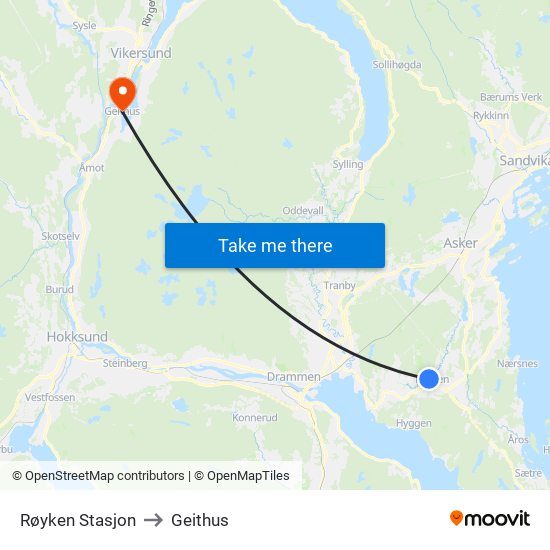 Røyken Stasjon to Geithus map