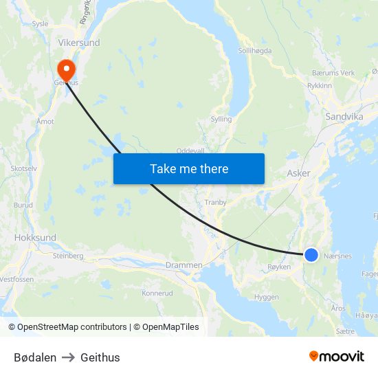 Bødalen to Geithus map