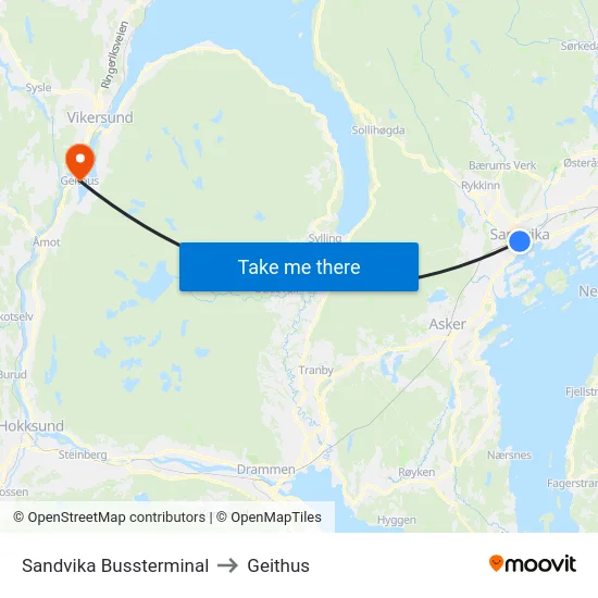 Sandvika Bussterminal to Geithus map