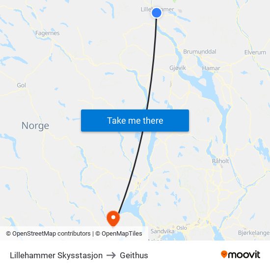 Lillehammer Skysstasjon to Geithus map