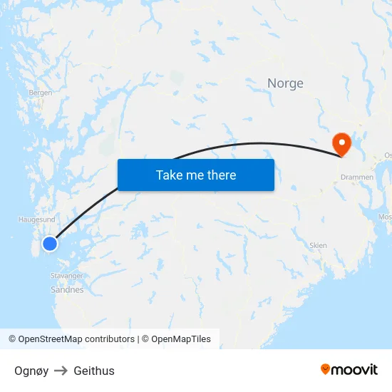 Ognøy to Geithus map