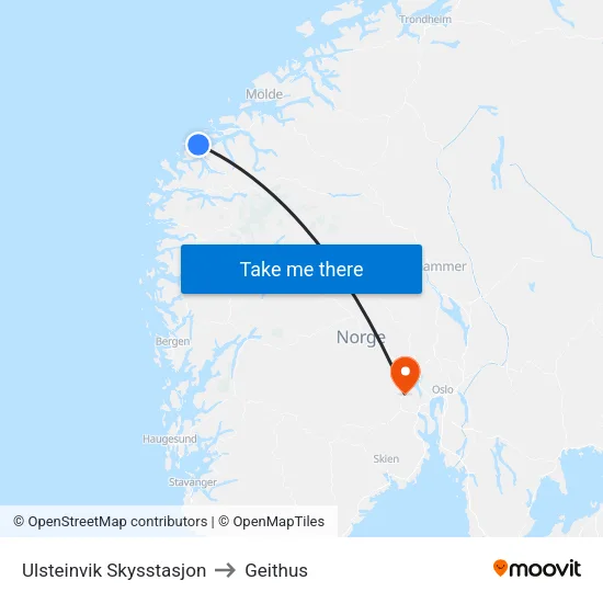 Ulsteinvik Skysstasjon to Geithus map
