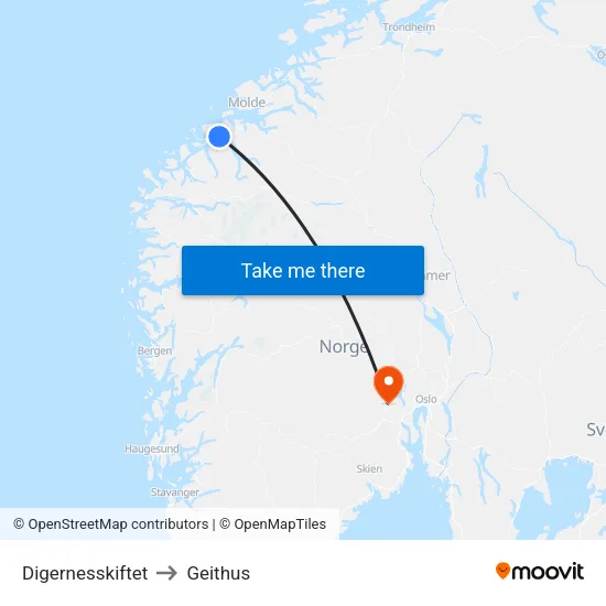 Digernesskiftet to Geithus map