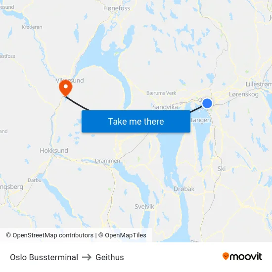 Oslo Bussterminal to Geithus map
