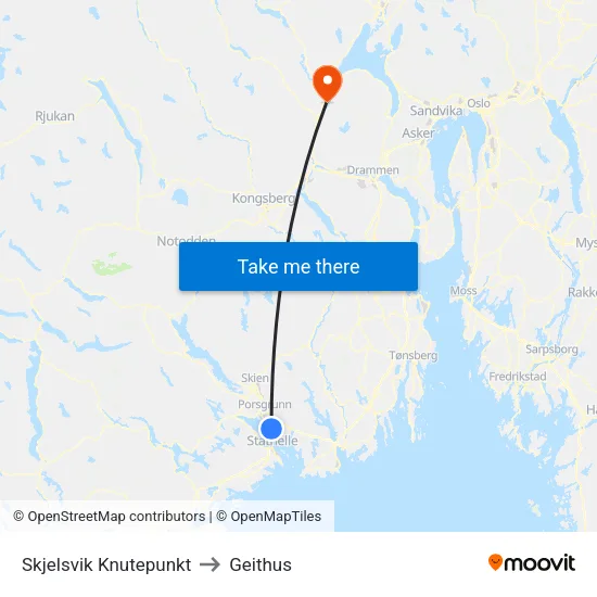 Skjelsvik Knutepunkt to Geithus map