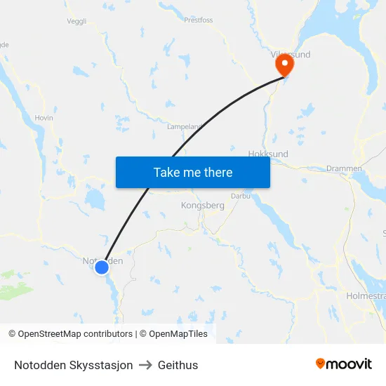 Notodden Skysstasjon to Geithus map