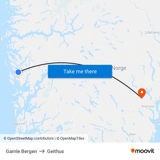 Gamle Bergen to Geithus map