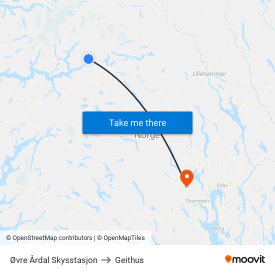 Øvre Årdal Skysstasjon to Geithus map