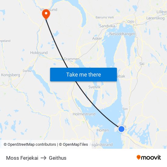 Moss Ferjekai to Geithus map