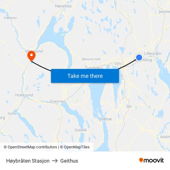 Høybråten Stasjon to Geithus map