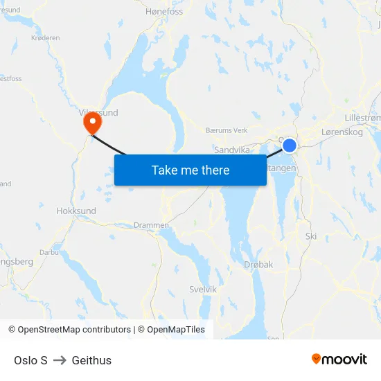 Oslo S to Geithus map