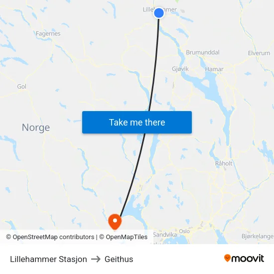 Lillehammer Stasjon to Geithus map