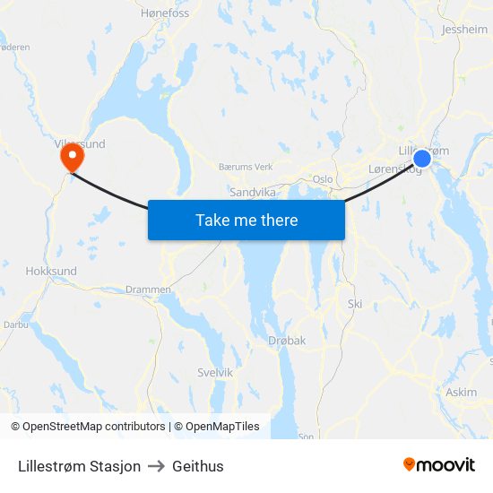 Lillestrøm Stasjon to Geithus map