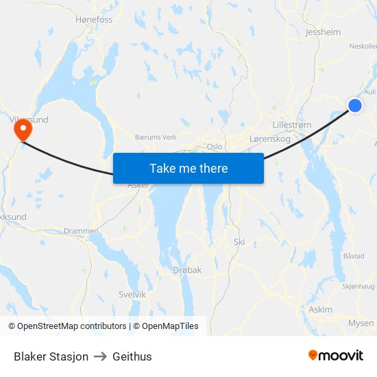 Blaker Stasjon to Geithus map