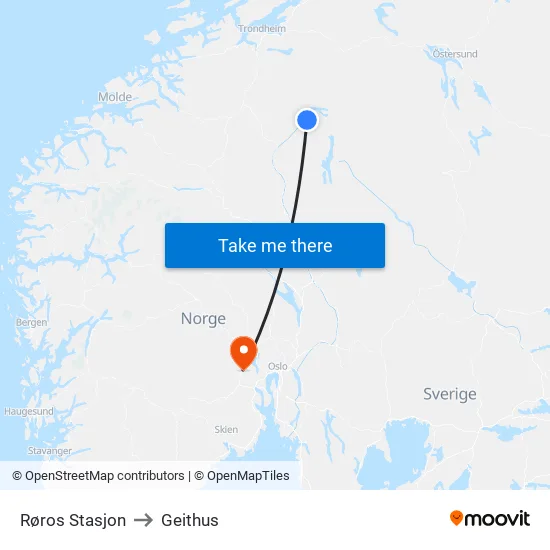 Røros Stasjon to Geithus map