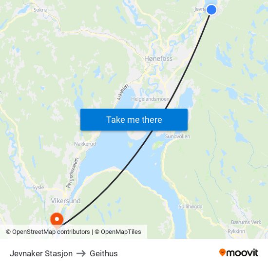 Jevnaker Stasjon to Geithus map