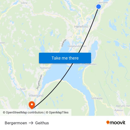 Bergermoen to Geithus map