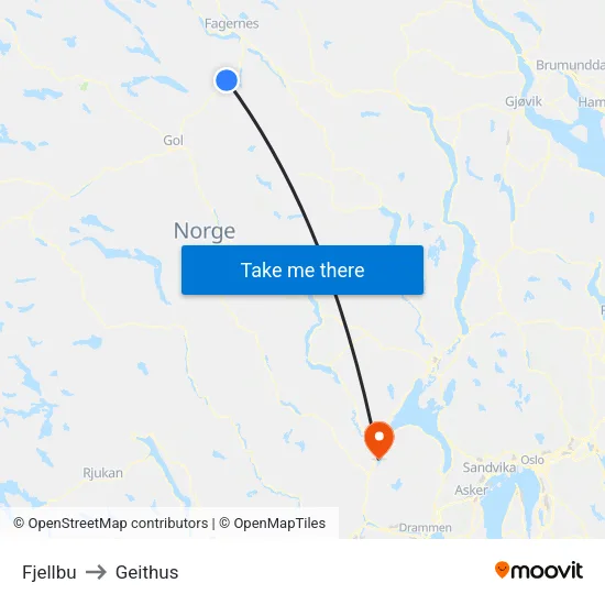 Fjellbu to Geithus map