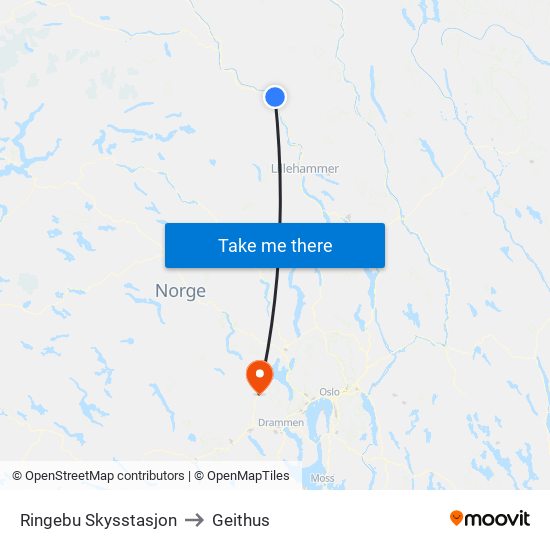 Ringebu Skysstasjon to Geithus map