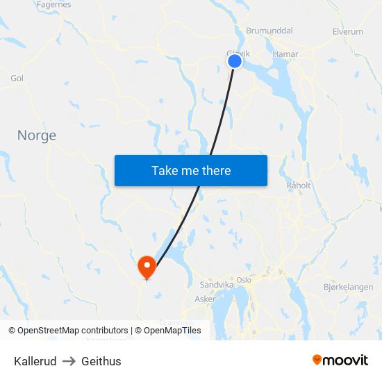 Kallerud to Geithus map